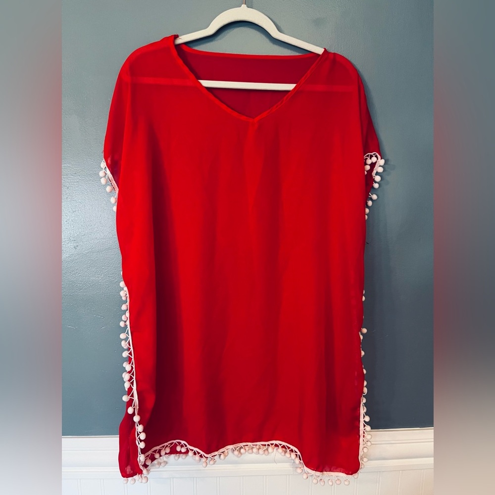 Red Pom-Pom Trim Swim Suit Cover Up OS
